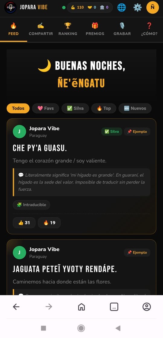 Jopara Vibe feed showing a Guaraní phrase with cultural context.