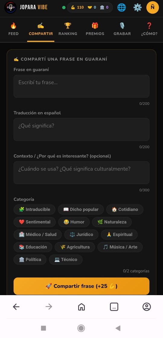 Submission interface for contributing a Guaraní phrase with translation and context.