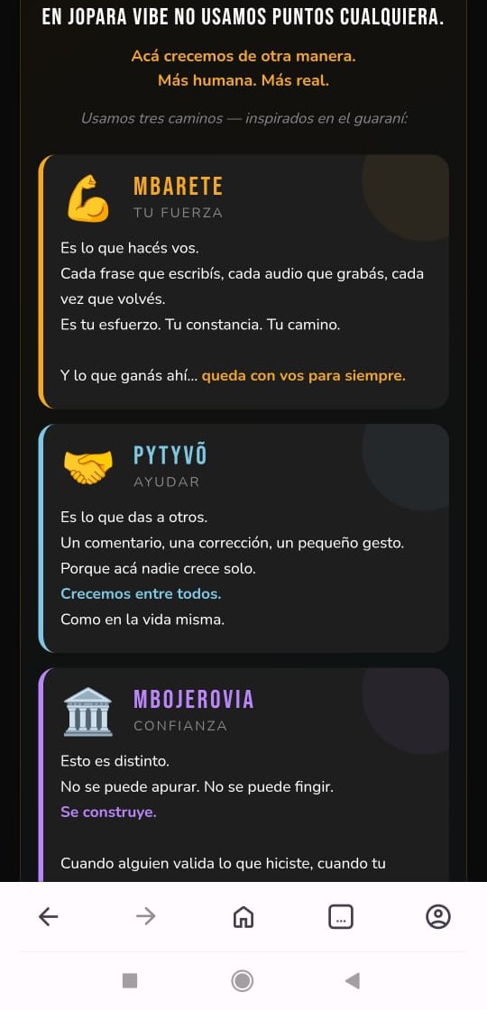 The values system: Mbarete, Pytyvõ, Mbojerovia — strength, help, trust.